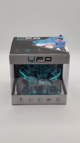 Blue UFO interactive hand-operated drone retail box with clear window
