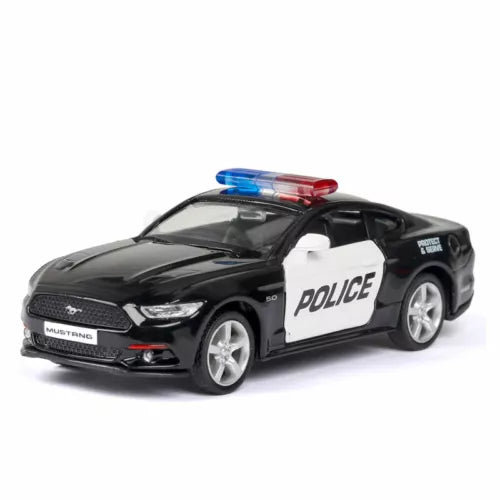 Black Ford Mustang GT police diecast model car with blue-red light bar
