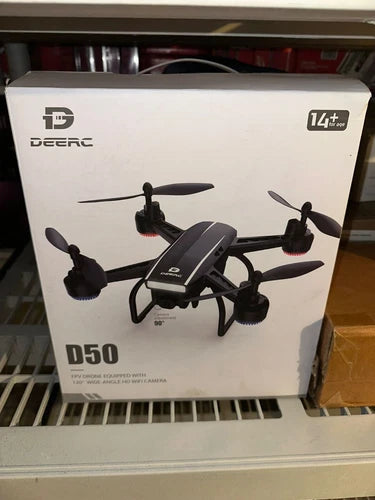 DEERC D50 drone box with quadcopter illustration