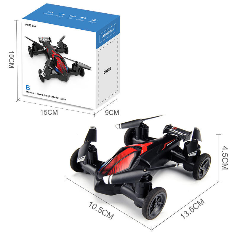 Black and red RC quadcopter car with four wheels, propellers, and land-air dual mode