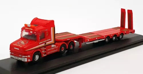 Red N gauge diecast semi low loader truck model with Scania cab and red flat trailer