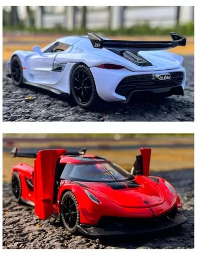 Alloy sports car diecast model with white body and black rear spoiler and accents