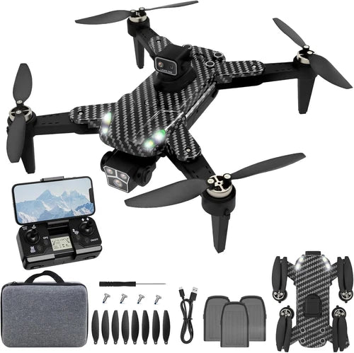 GPS drone with carbon-fiber body, quad propellers, controller, and carry case