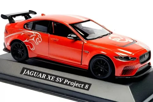 Red Jaguar XE SV Project 8 diecast car model with front grille and display base