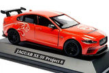 Red Jaguar XE SV Project 8 diecast car model with front grille and display base