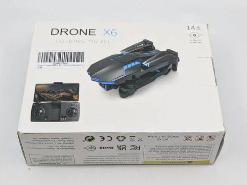 Foldable follow-me drone retail box with drone photo and product label