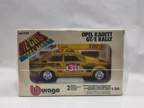 Diecast model car in box, Opel Kadett GT/E Rally, yellow and black, 1:24 scale