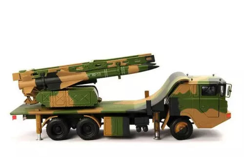 Die-cast missile system model on camo military truck, green and tan.