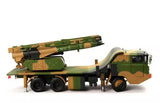 Die-cast missile system model on camo military truck, green and tan.