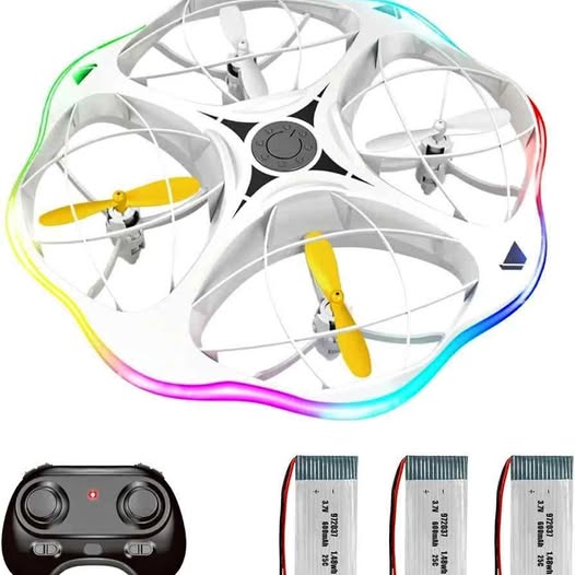Kids mini drone with colorful LED ring, propellers, and handheld controller