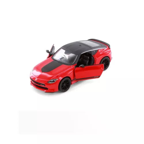Red and black 1/36 diecast sports car toy with black hood accents