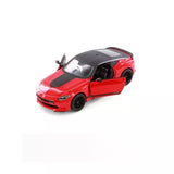 Red and black 1/36 diecast sports car toy with black hood accents
