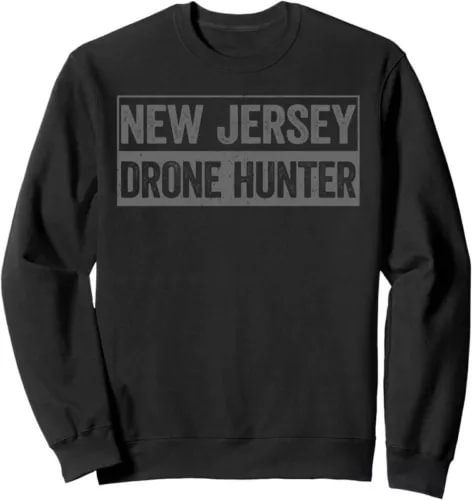 Unisex black crewneck sweatshirt with "NEW JERSEY DRONE HUNTER" graphic