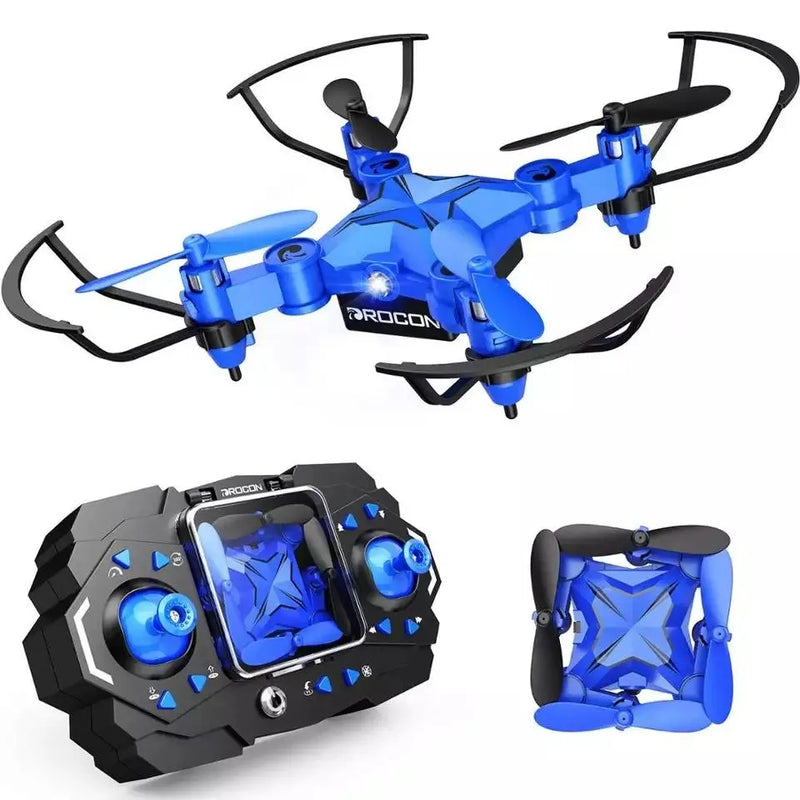 Blue mini RC drone with remote controller, four propellers and foldable arms