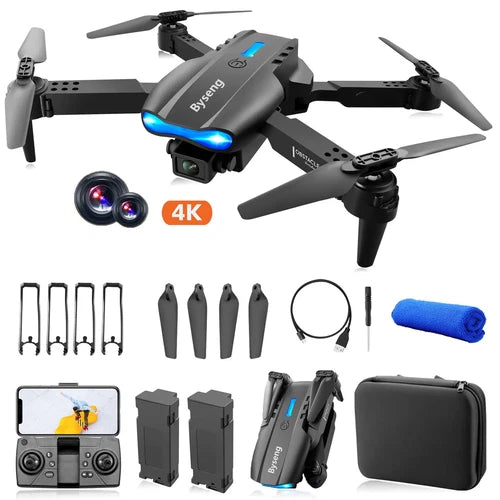 Foldable dual-camera drone with 4K, four propellers, remote, two batteries, case