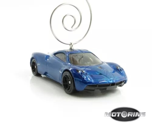 Blue diecast car ornament with metal hanging loop