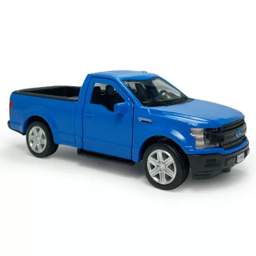 Blue diecast pickup truck model car, 1/36 scale, four-door cab with chrome wheels