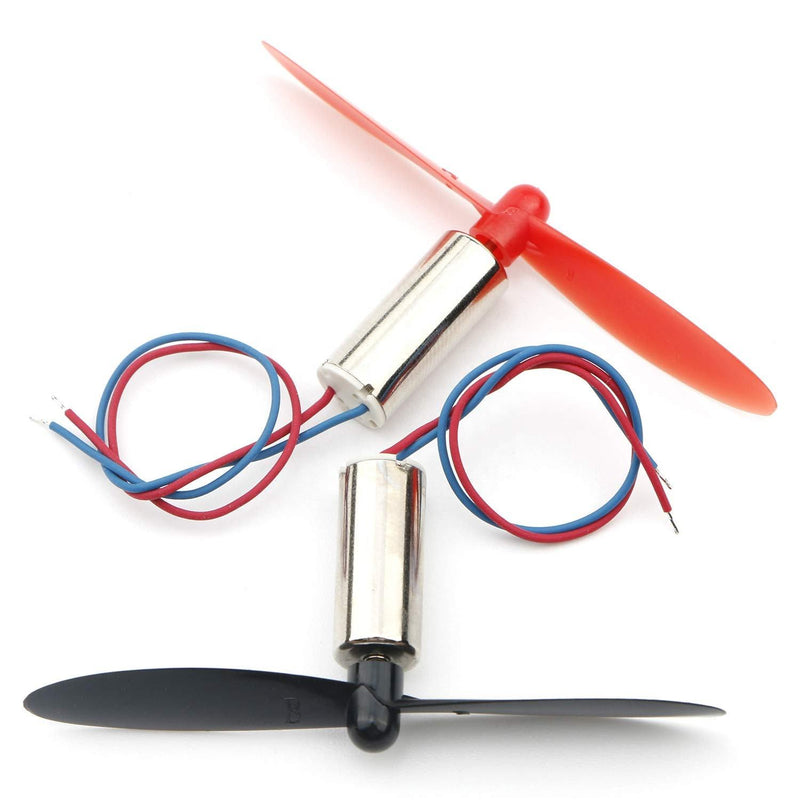 Mini drone motor with two-blade propeller, red wires, and cylindrical metal body