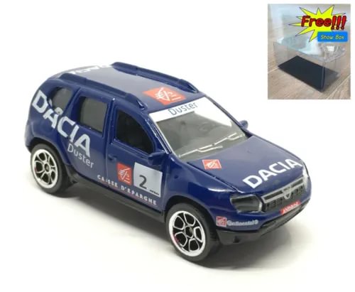 Blue racing diecast SUV model with Dacia Duster graphics and black wheels