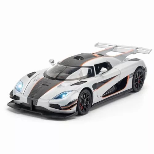 Diecast sports car model, white with black hood and orange accents, LED lights
