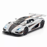 Diecast sports car model, white with black hood and orange accents, LED lights