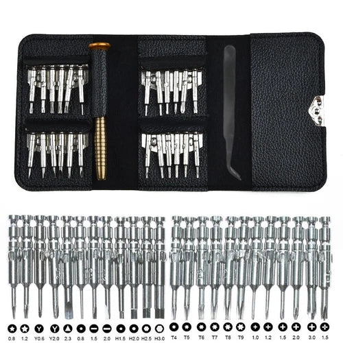 Screwdriver bit set in black roll case with assorted hex and Phillips bits