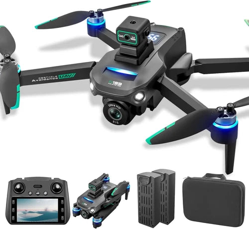 FPV quadcopter drone with blue prop hubs, plus remote controller and carrying case