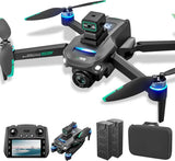 FPV quadcopter drone with blue prop hubs, plus remote controller and carrying case