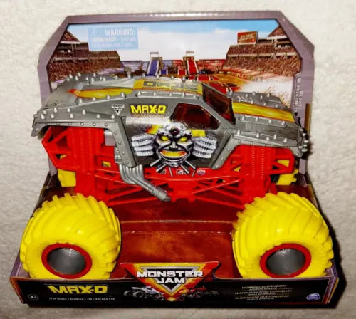 Red and gray MAX-D 1:24 diecast monster truck with oversized yellow wheels