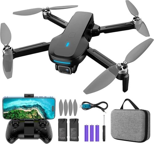 Black quadcopter drone with camera, four propellers, plus controller and batteries in kit