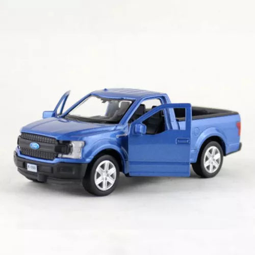 Blue diecast pickup truck model car with open driver and passenger doors