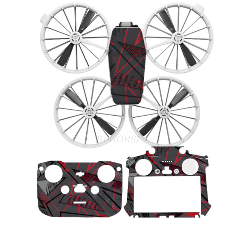 Drone body protection sticker set with red-black geometric decals and wheel covers