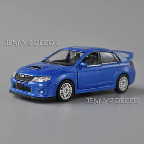 Blue 1:36 diecast pull-back model car with front grille and hood vents, front 3/4 view