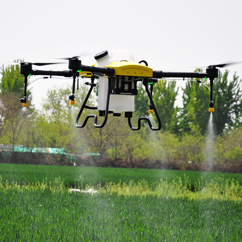 Agricultural spray drone with quadcopter frame and spray boom, yellow and black
