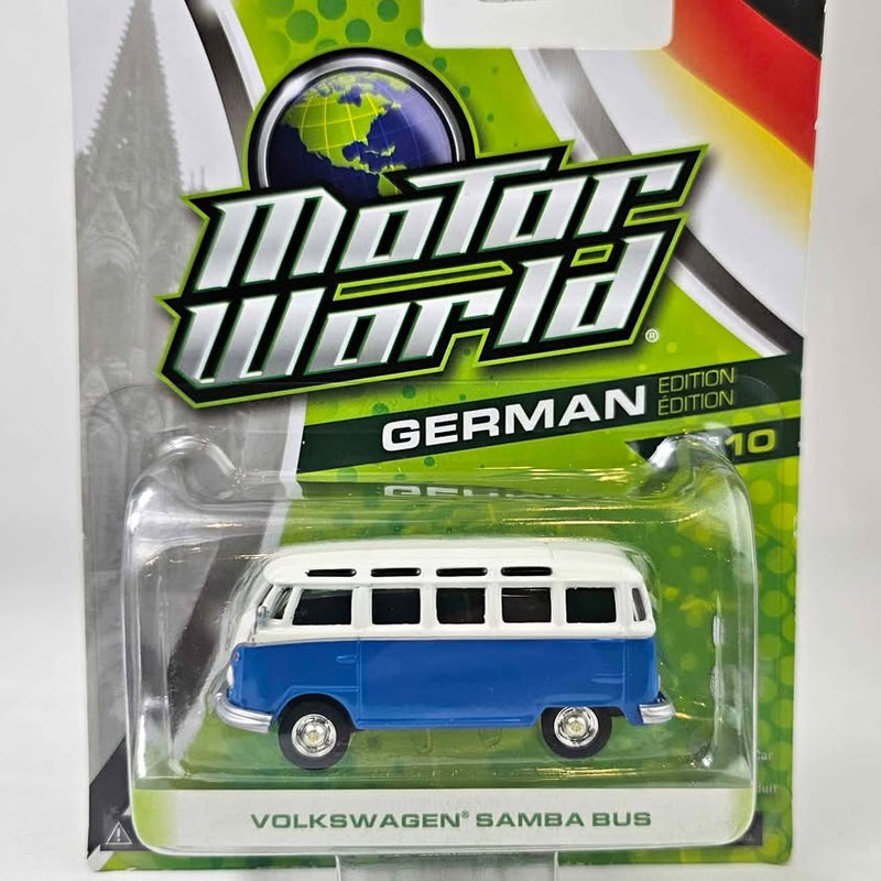Diecast Samba Bus toy with blue body and white roof in blister pack