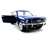 Blue die-cast 1:36 1964 1/2 Ford Mustang model car with open door.