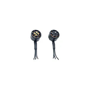 Metal power drone motor pair with circular housings and attached wire leads