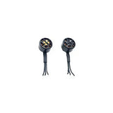 Metal power drone motor pair with circular housings and attached wire leads