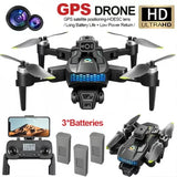 Foldable black GPS 4K drone with four propellers, built-in camera, and controller display