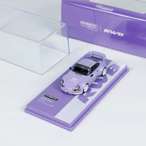 1:64 violet sports car diecast model on purple display base, with front view.