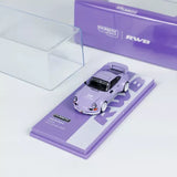 1:64 violet sports car diecast model on purple display base, with front view.