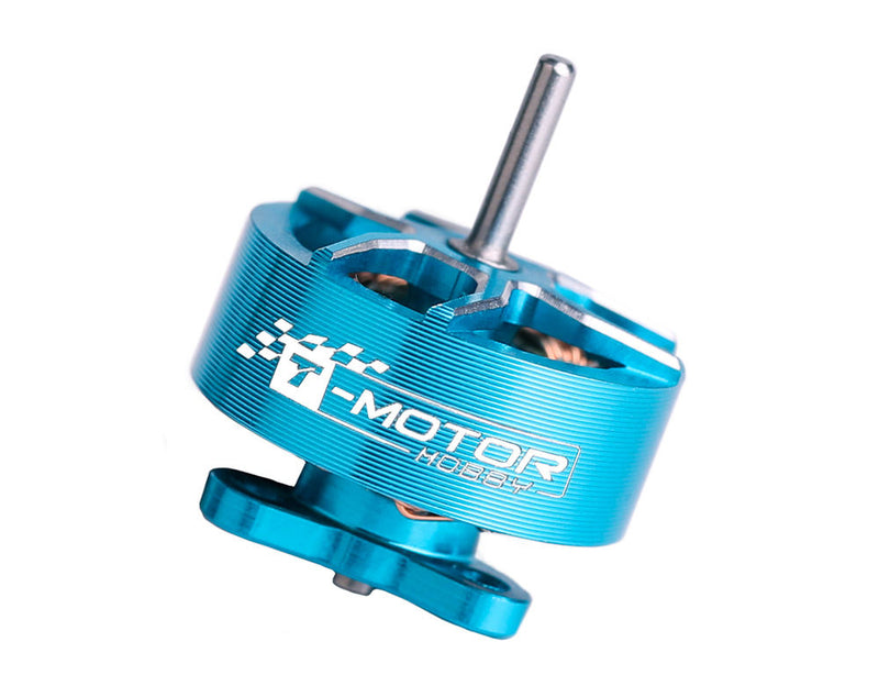 Blue anodized small FPV motor with cylindrical shaft and mounting base