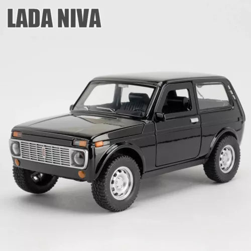 Black Lada Niva 1:20 alloy diecast toy car, front three-quarter view.