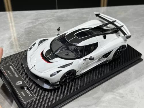 FrontiArt Koenigsegg Jesko diecast model car in crystal white with black accents on stand