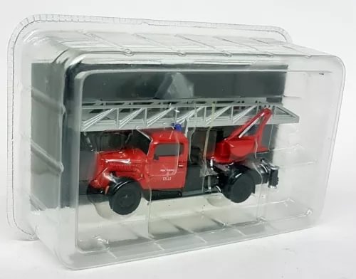 Red diecast fire engine model truck with ladder, in clear display box