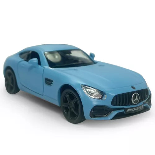 1/36 scale diecast model car, light blue sports coupe with front grille and headlights