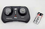 Black wireless quadcopter remote controller with X01 marking and AA battery
