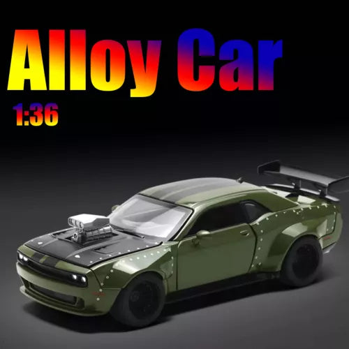 1:36 alloy sports car model diecast with olive green body and black wheels