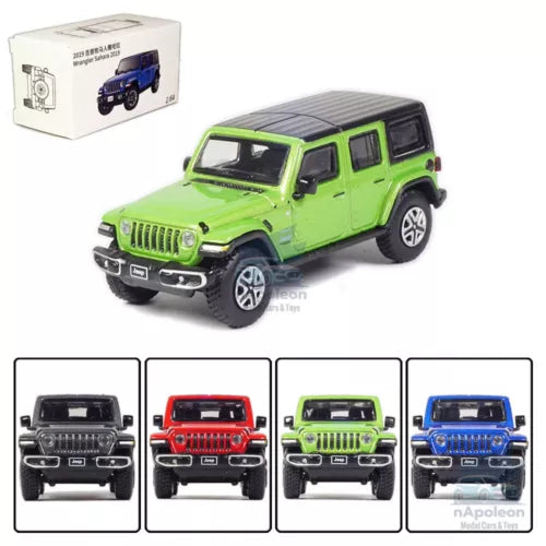 Green 2019 Jeep Wrangler Sahara diecast SUV toy car, front three-quarter view