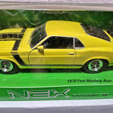 Yellow 1970 Ford Mustang Boss 302 diecast model car, side view